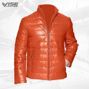 Orange Men’s Packable Leather Down Puffer Jacket