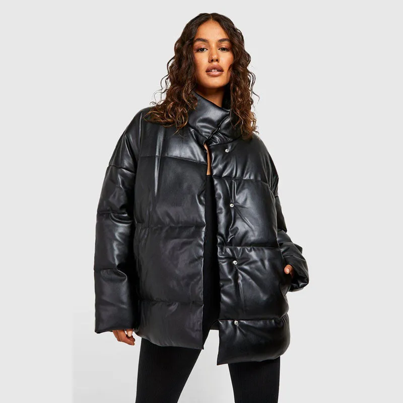 Purchase Best Bubble Faux Leather Oversized Puffer Jacket For Sale