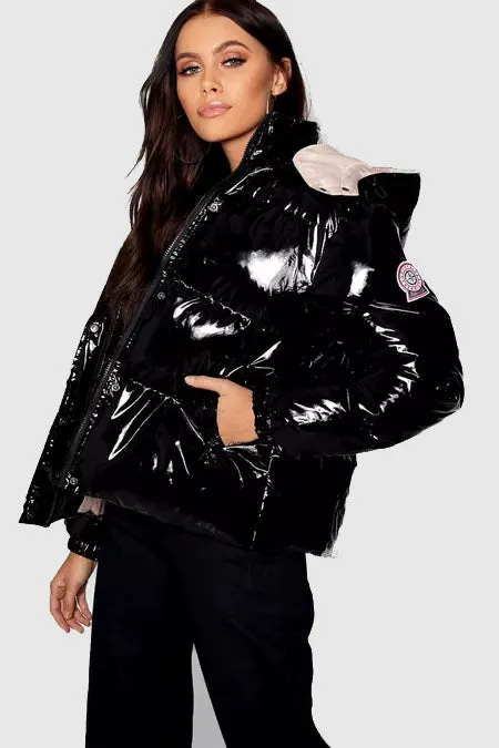 Purchase Best Winter Black Bubble Hooded Vinyl Puffer Jacket For Sale