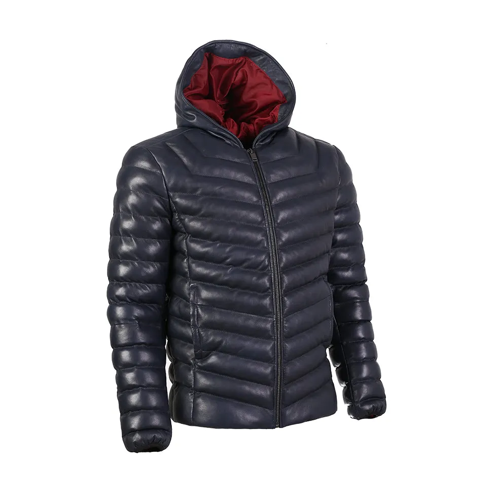 Quora Mens Bubble Puffer Leather Jacket with Hoody Dark Navy Blue