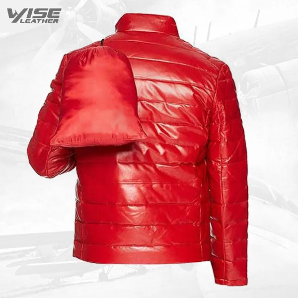 Red Men’s Packable Leather Down Puffer Jacket