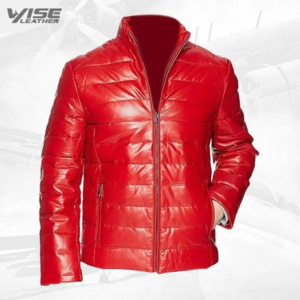 Red Men’s Packable Leather Down Puffer Jacket