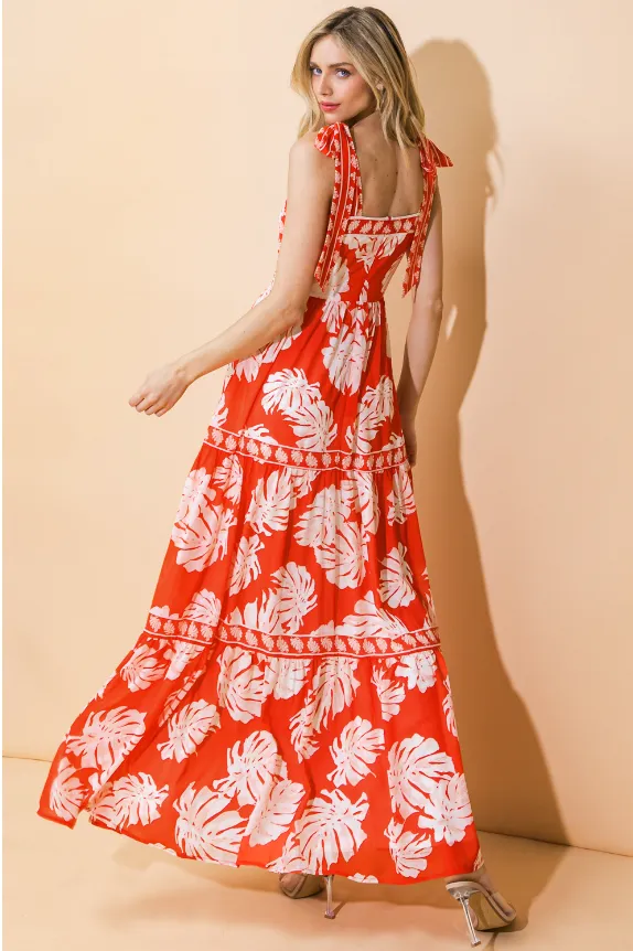 Red Palm Print Maxi Dress