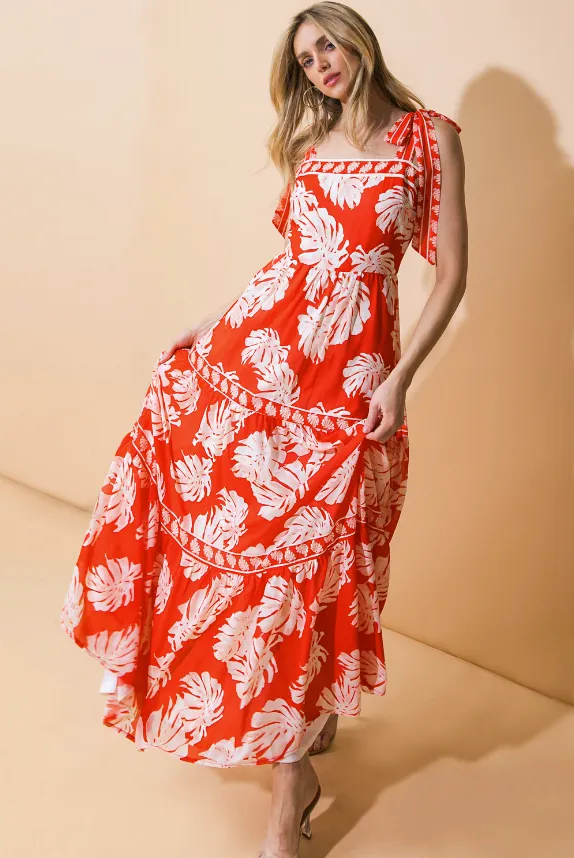 Red Palm Print Maxi Dress