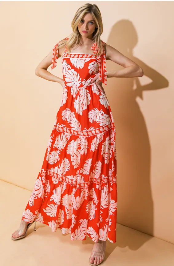 Red Palm Print Maxi Dress