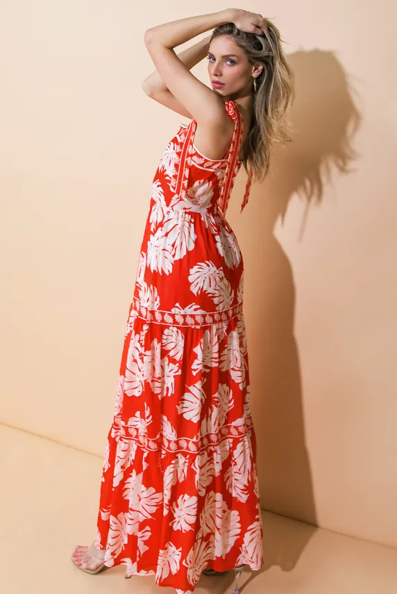 Red Palm Print Maxi Dress