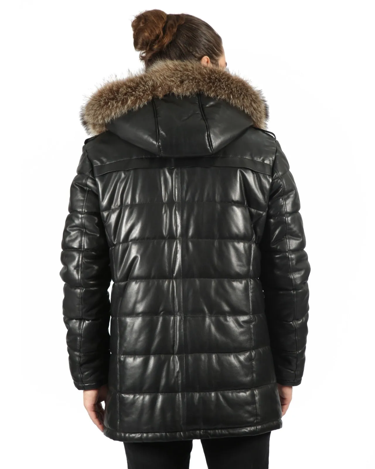 Regal Lambskin Leather Coat with Fox Fur Collar and Sheep Fur Lining