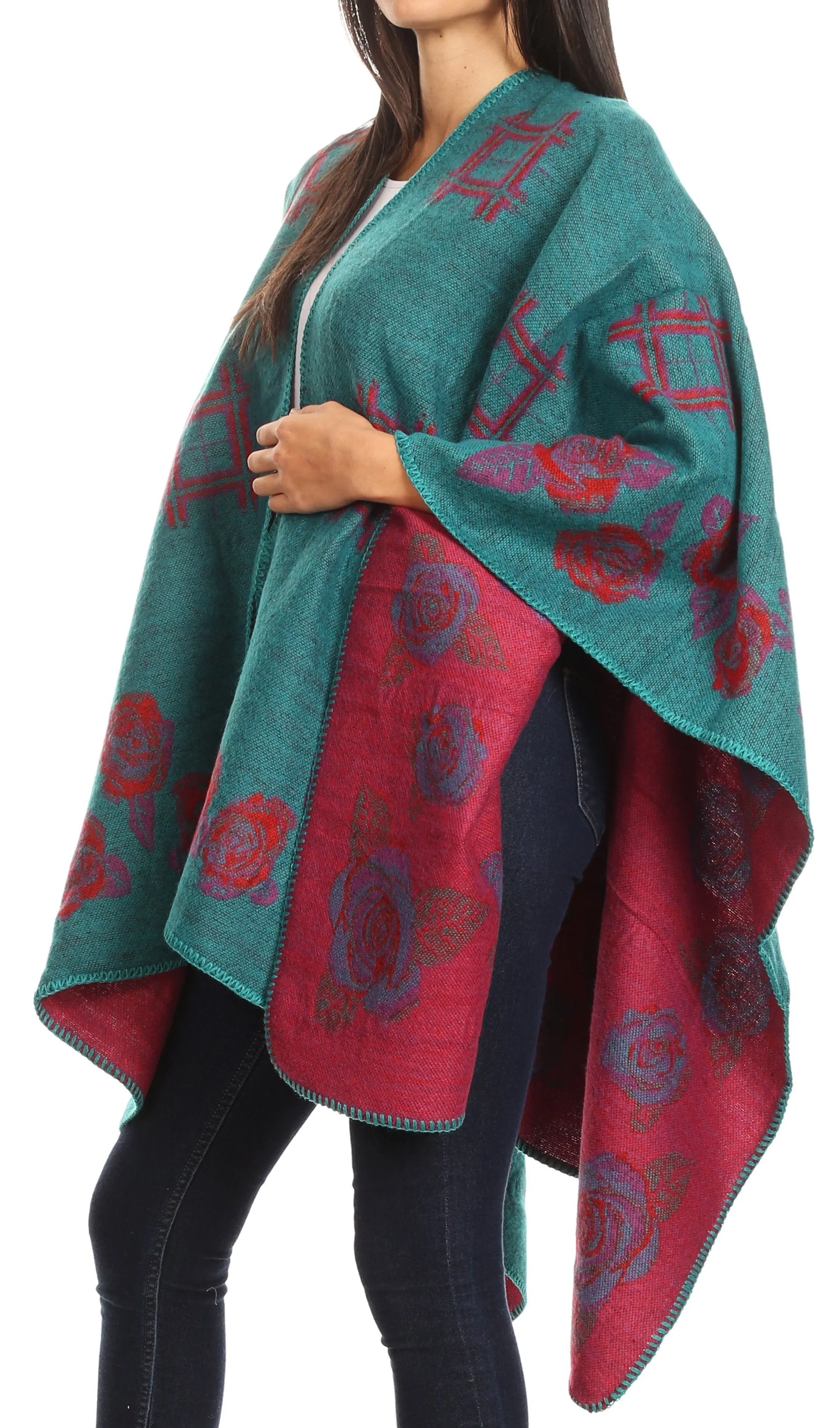 Sakkas Lupe Womens Reversible Poncho Wrap Cape Shawl Sweater Coat Cardigan Pattern