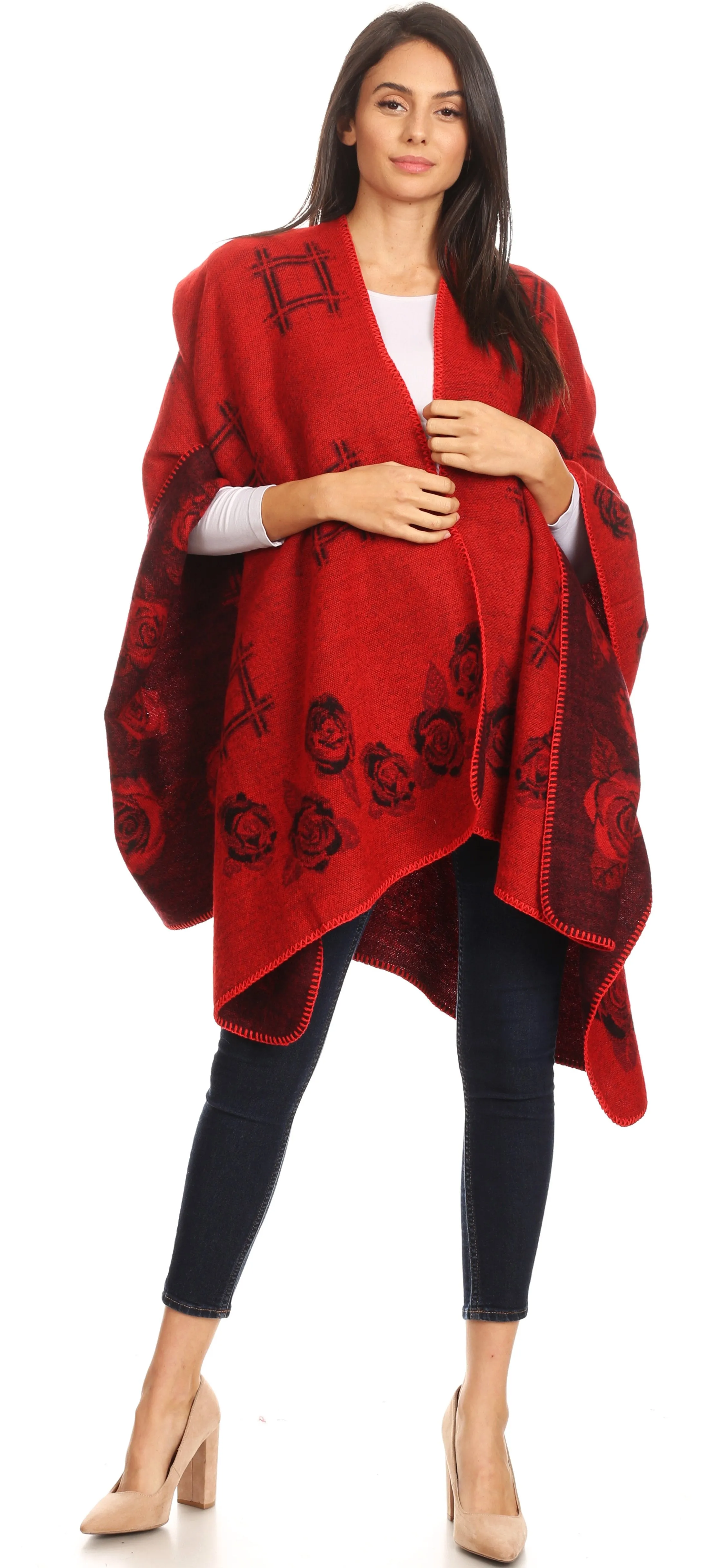 Sakkas Lupe Womens Reversible Poncho Wrap Cape Shawl Sweater Coat Cardigan Pattern