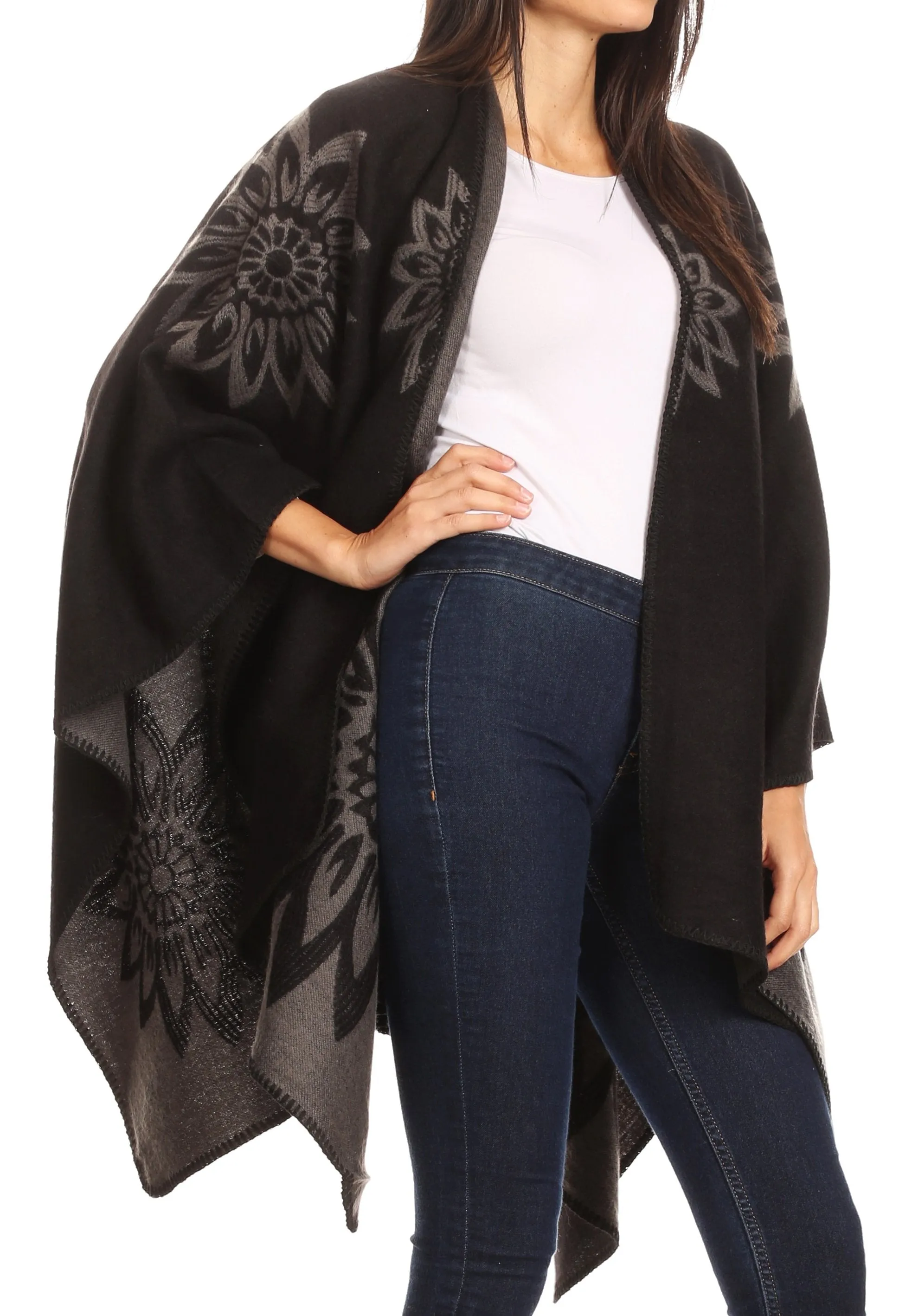 Sakkas Lupe Womens Reversible Poncho Wrap Cape Shawl Sweater Coat Cardigan Pattern