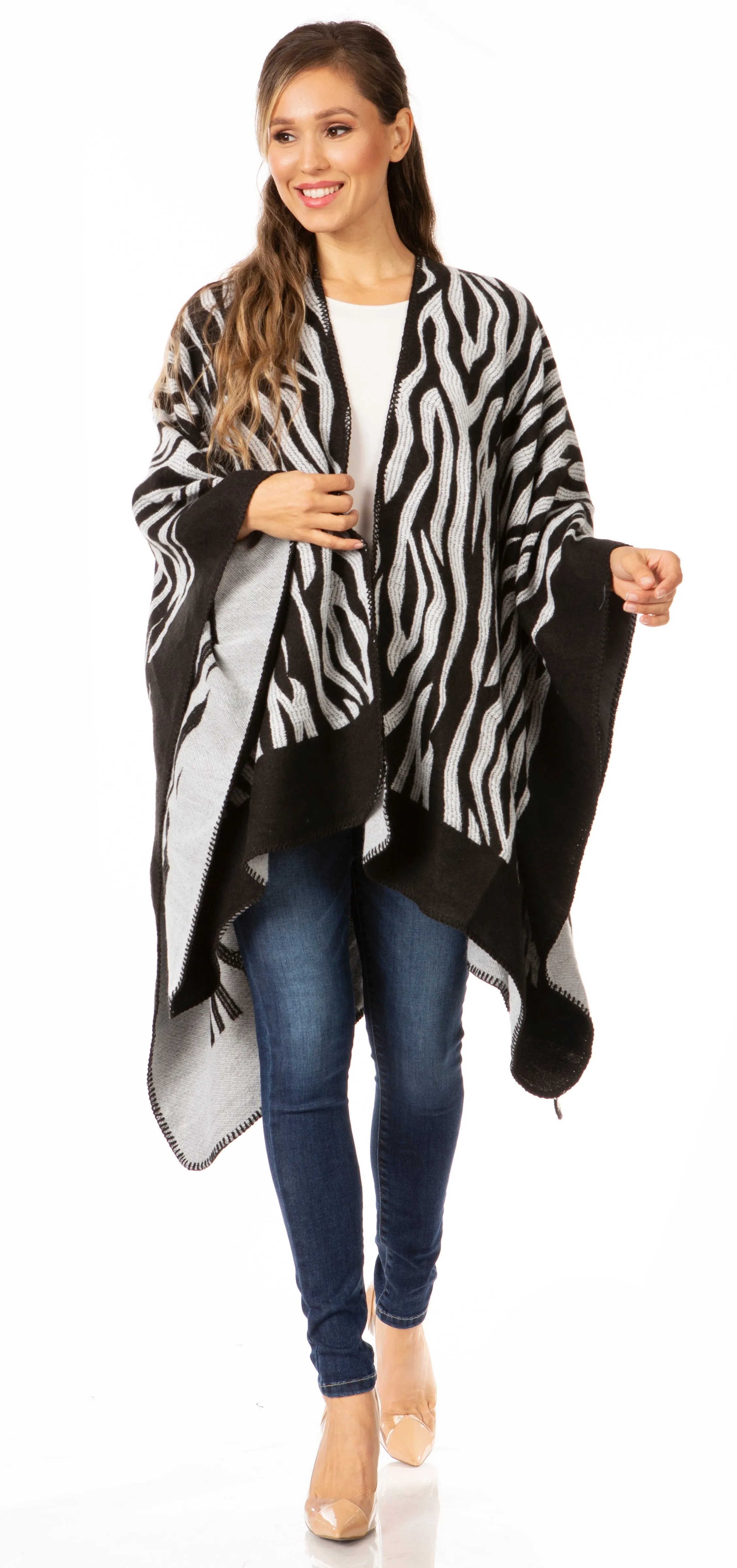 Sakkas Lupe Womens Reversible Poncho Wrap Cape Shawl Sweater Coat Cardigan Pattern