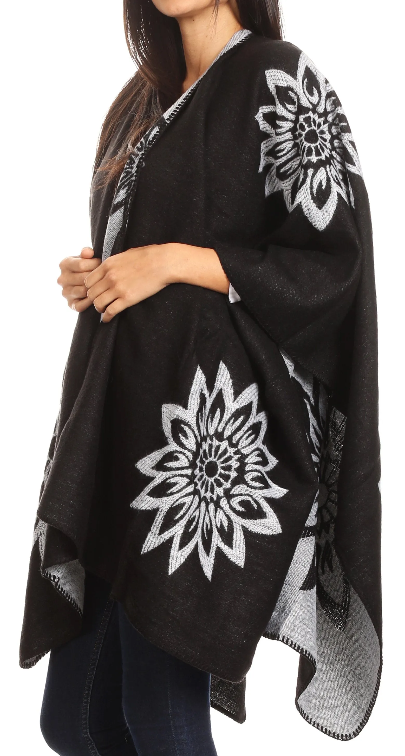 Sakkas Lupe Womens Reversible Poncho Wrap Cape Shawl Sweater Coat Cardigan Pattern