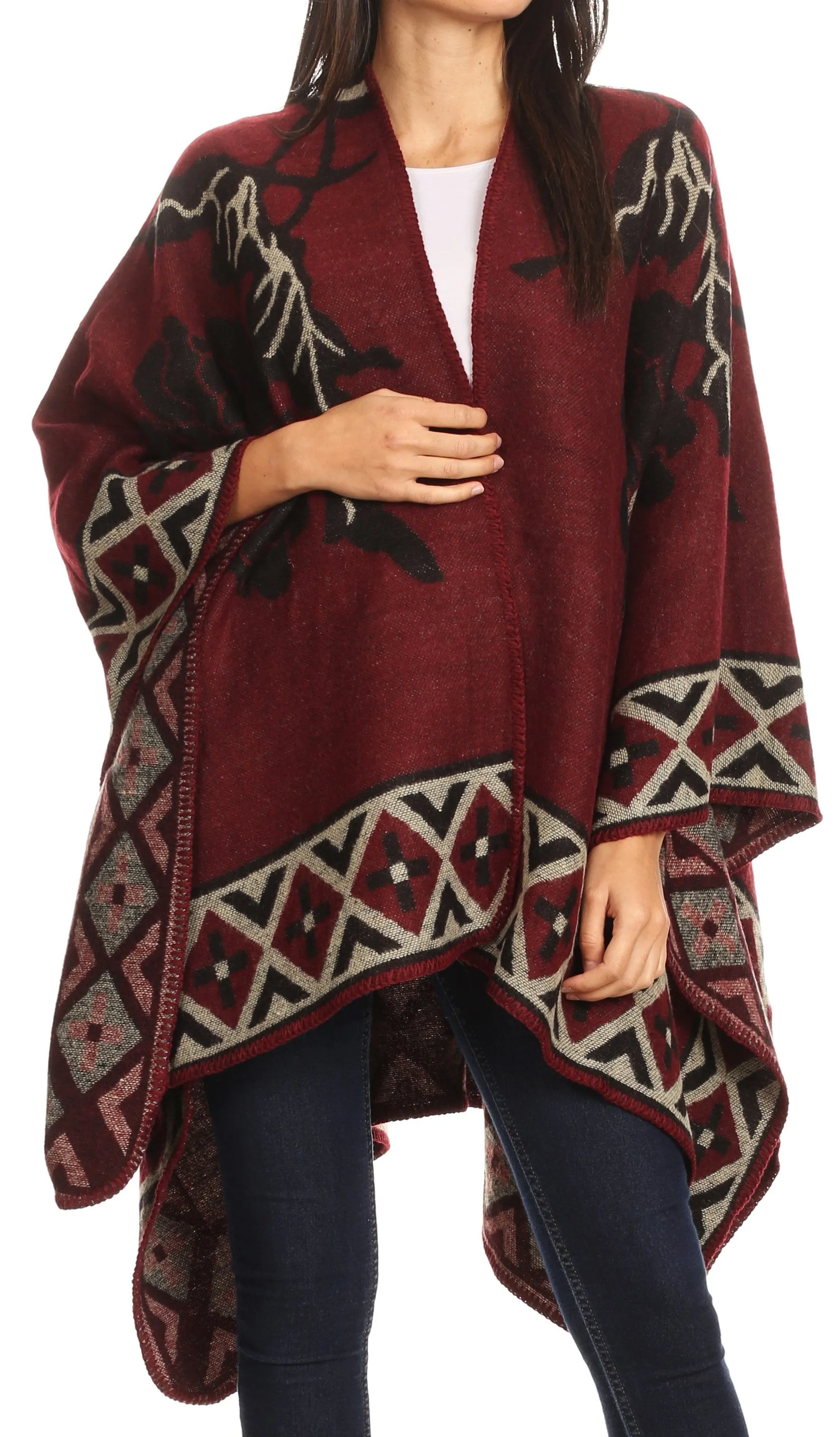 Sakkas Lupe Womens Reversible Poncho Wrap Cape Shawl Sweater Coat Cardigan Pattern