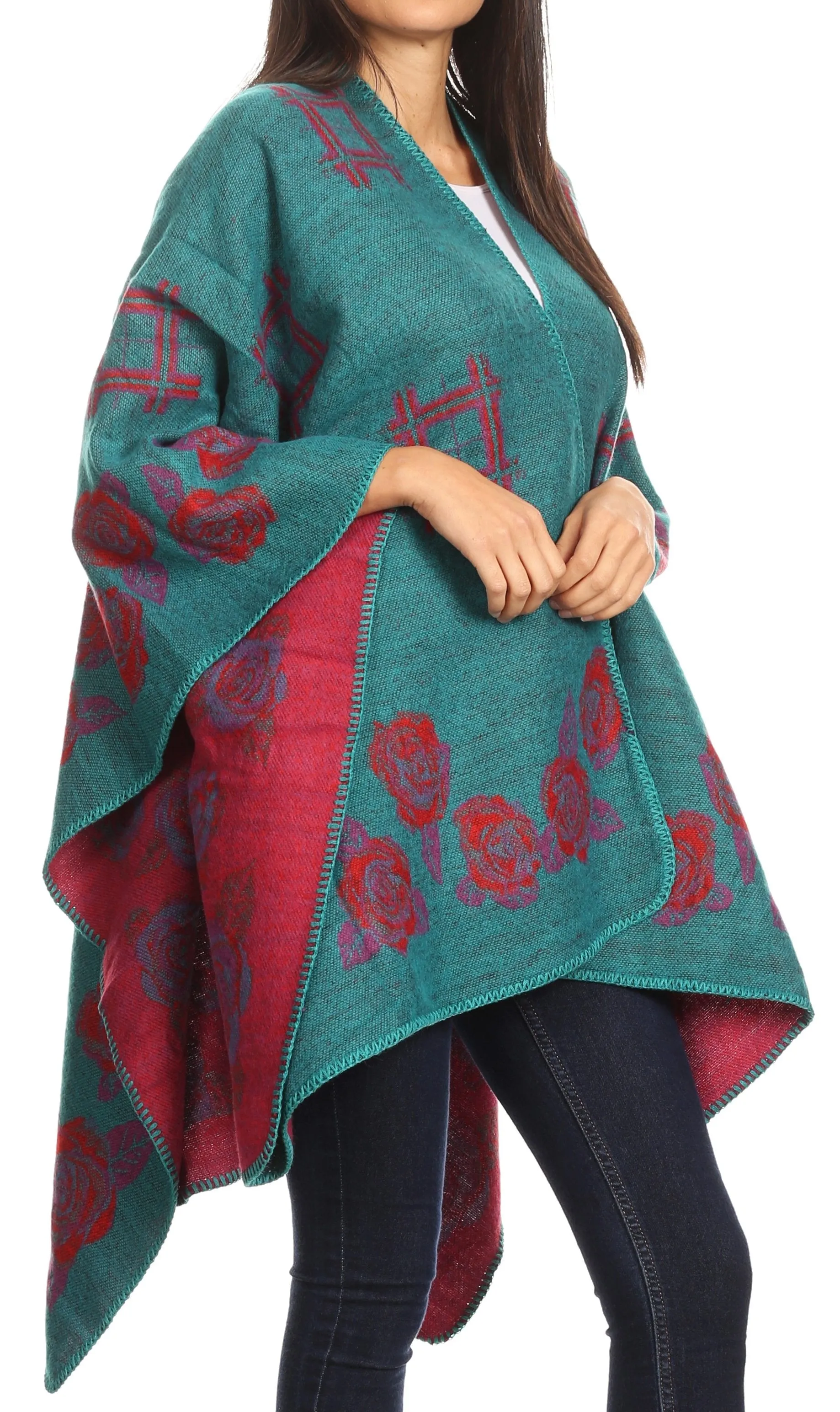 Sakkas Lupe Womens Reversible Poncho Wrap Cape Shawl Sweater Coat Cardigan Pattern