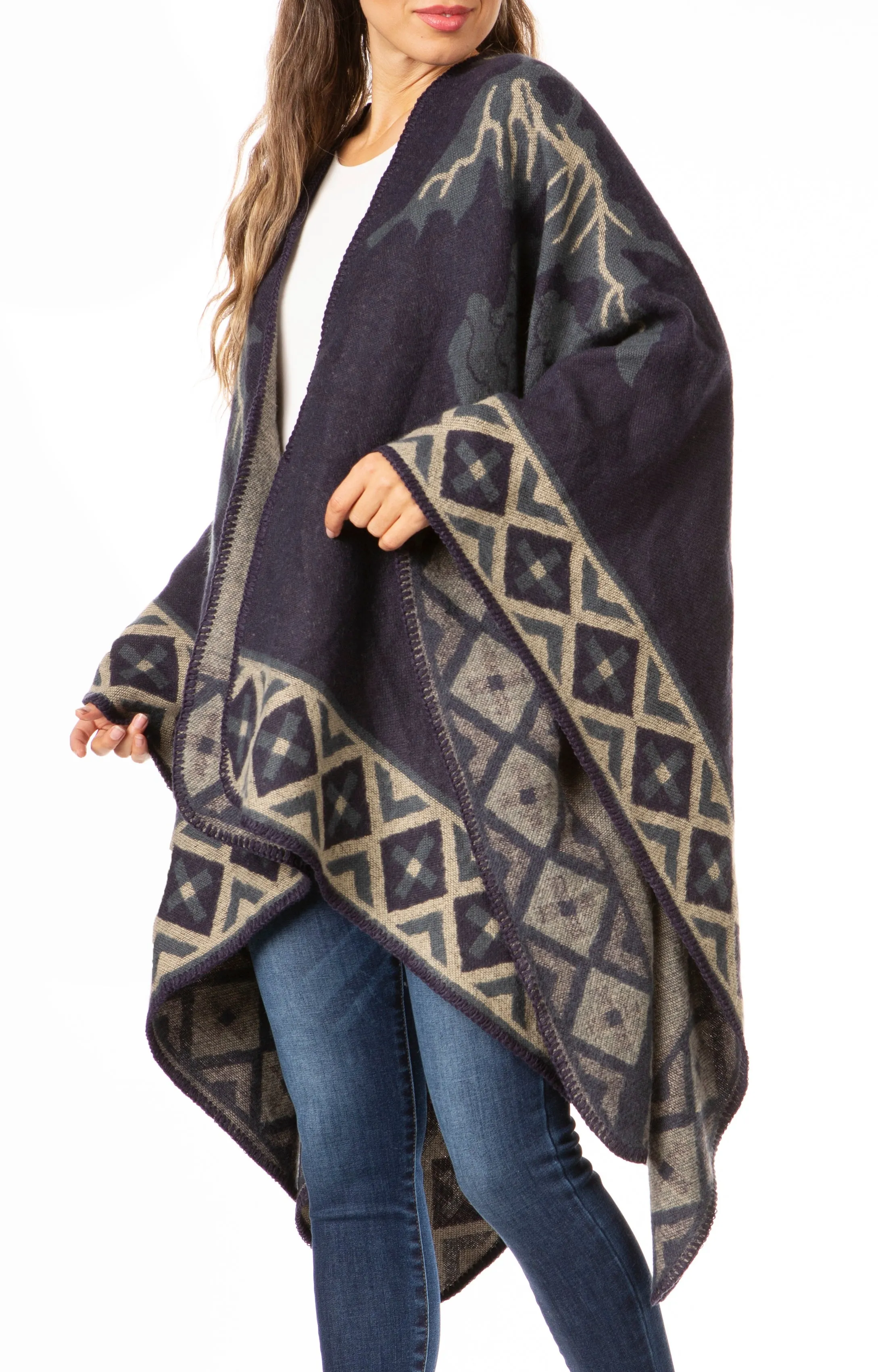 Sakkas Lupe Womens Reversible Poncho Wrap Cape Shawl Sweater Coat Cardigan Pattern