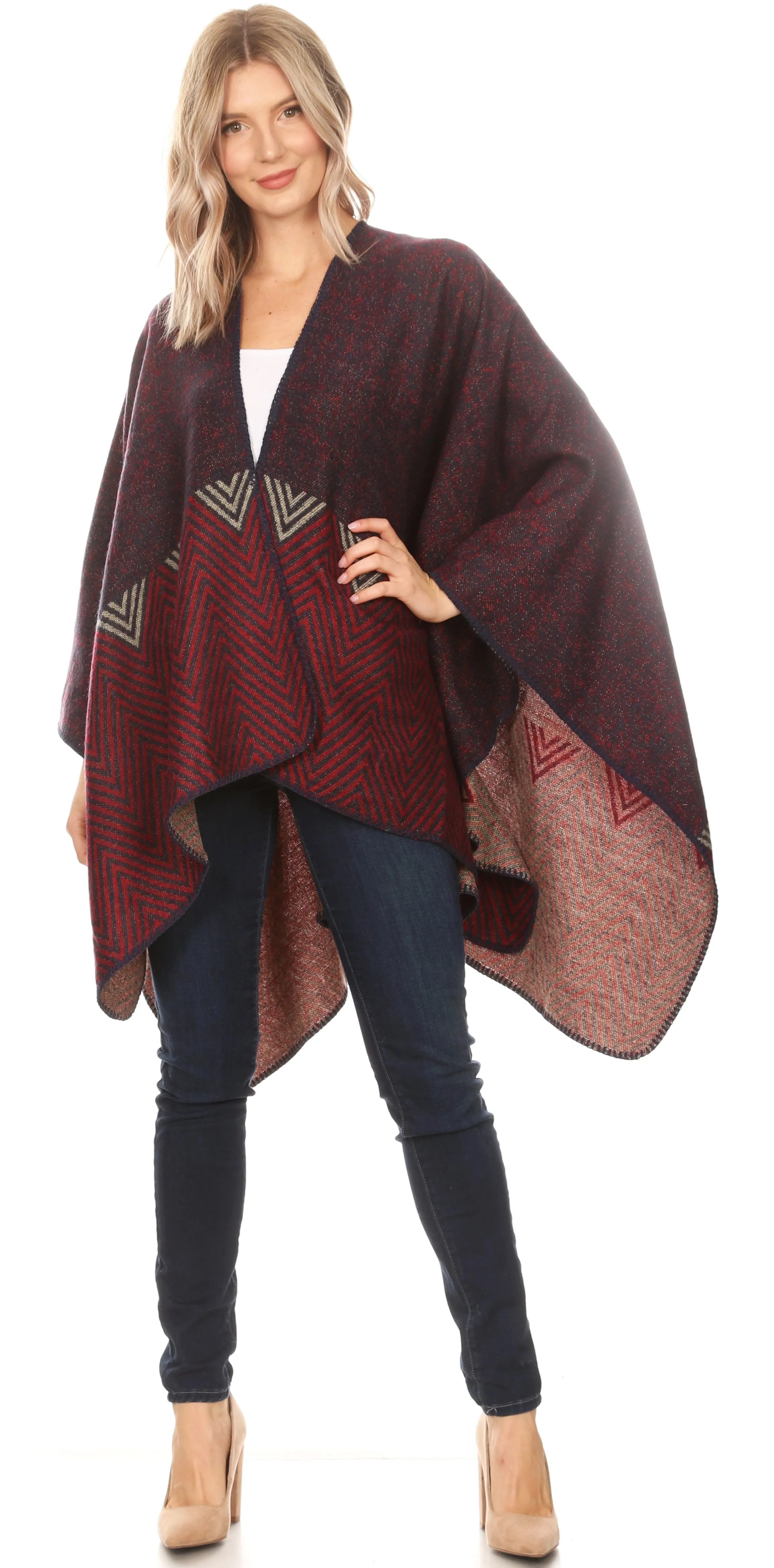 Sakkas Lupe Womens Reversible Poncho Wrap Cape Shawl Sweater Coat Cardigan Pattern