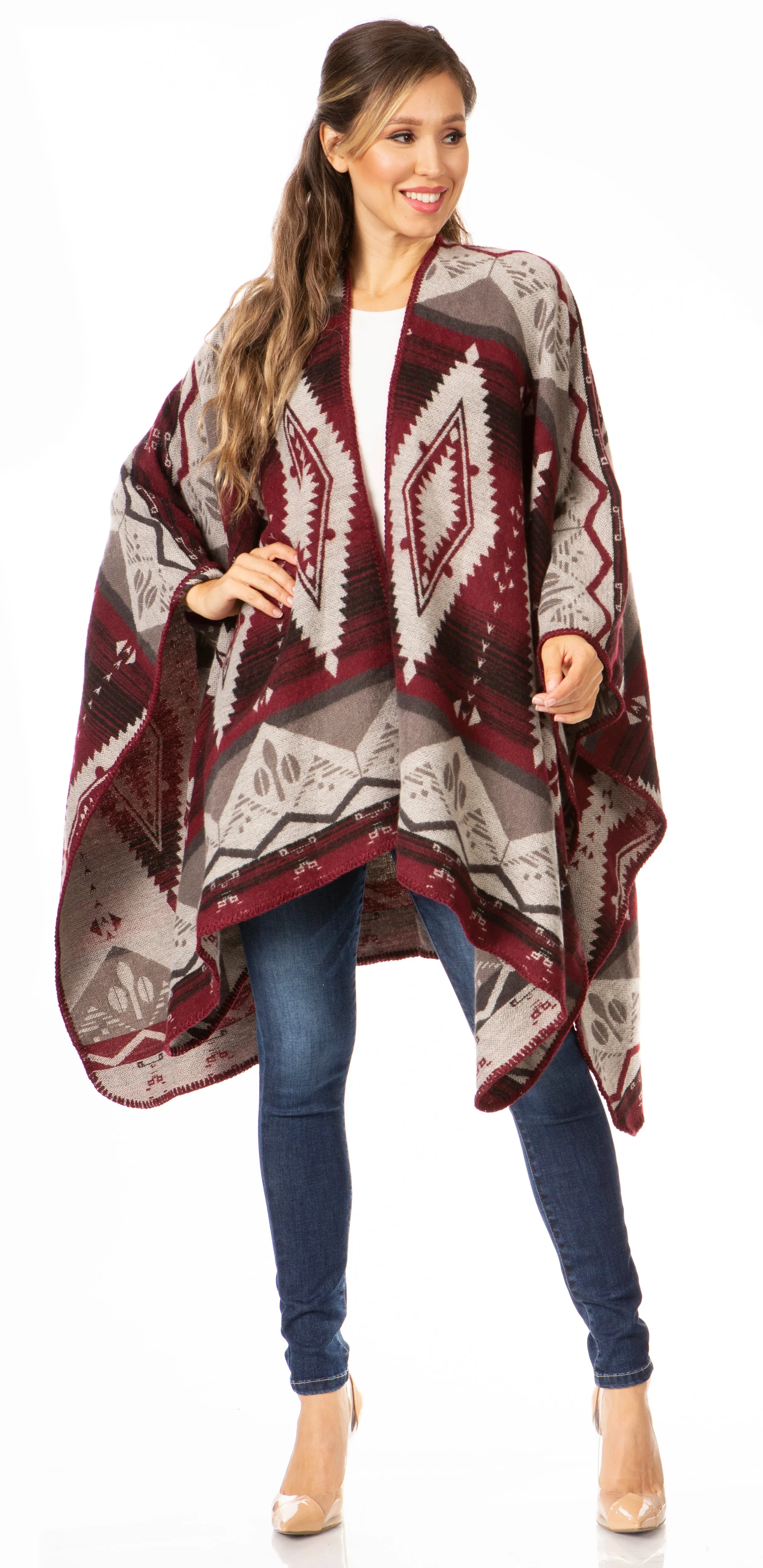 Sakkas Lupe Womens Reversible Poncho Wrap Cape Shawl Sweater Coat Cardigan Pattern