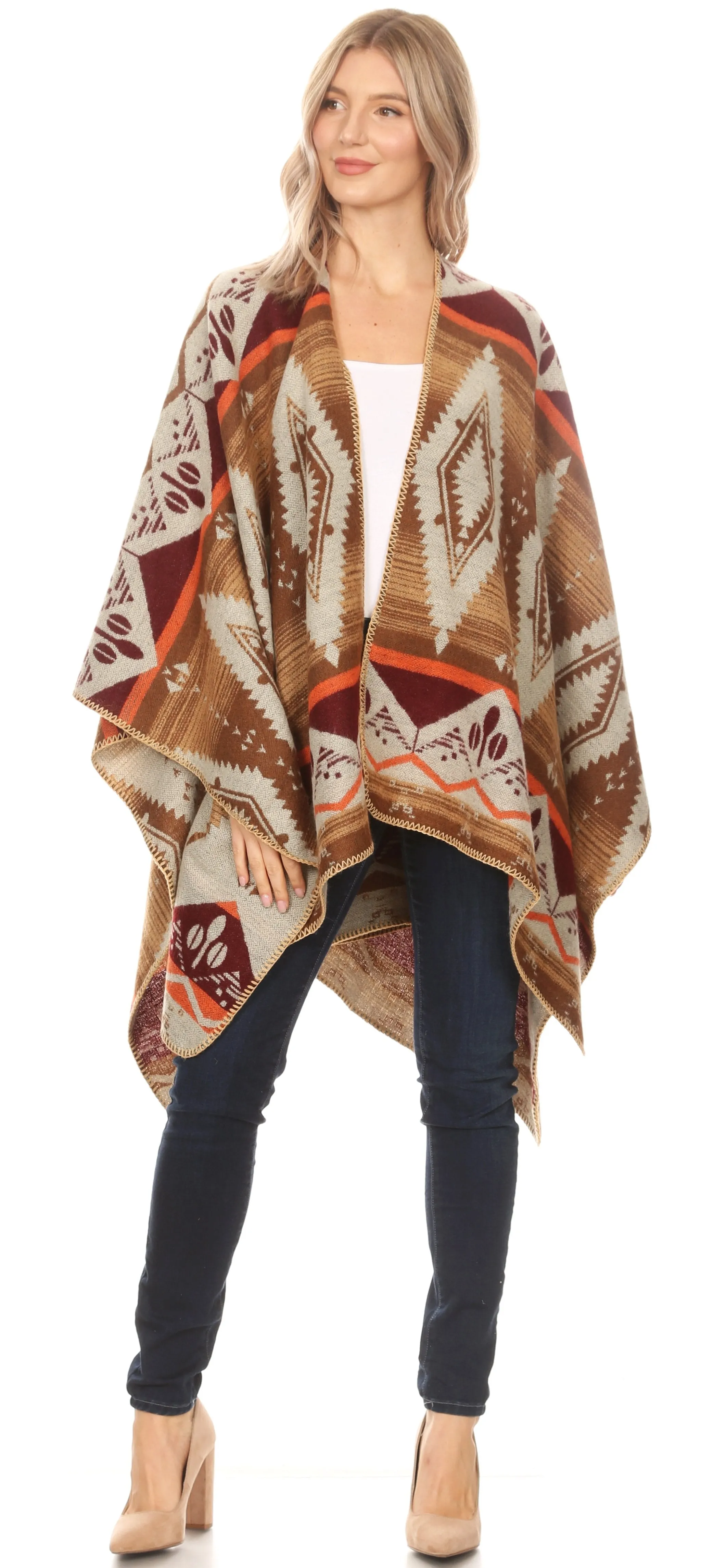 Sakkas Lupe Womens Reversible Poncho Wrap Cape Shawl Sweater Coat Cardigan Pattern