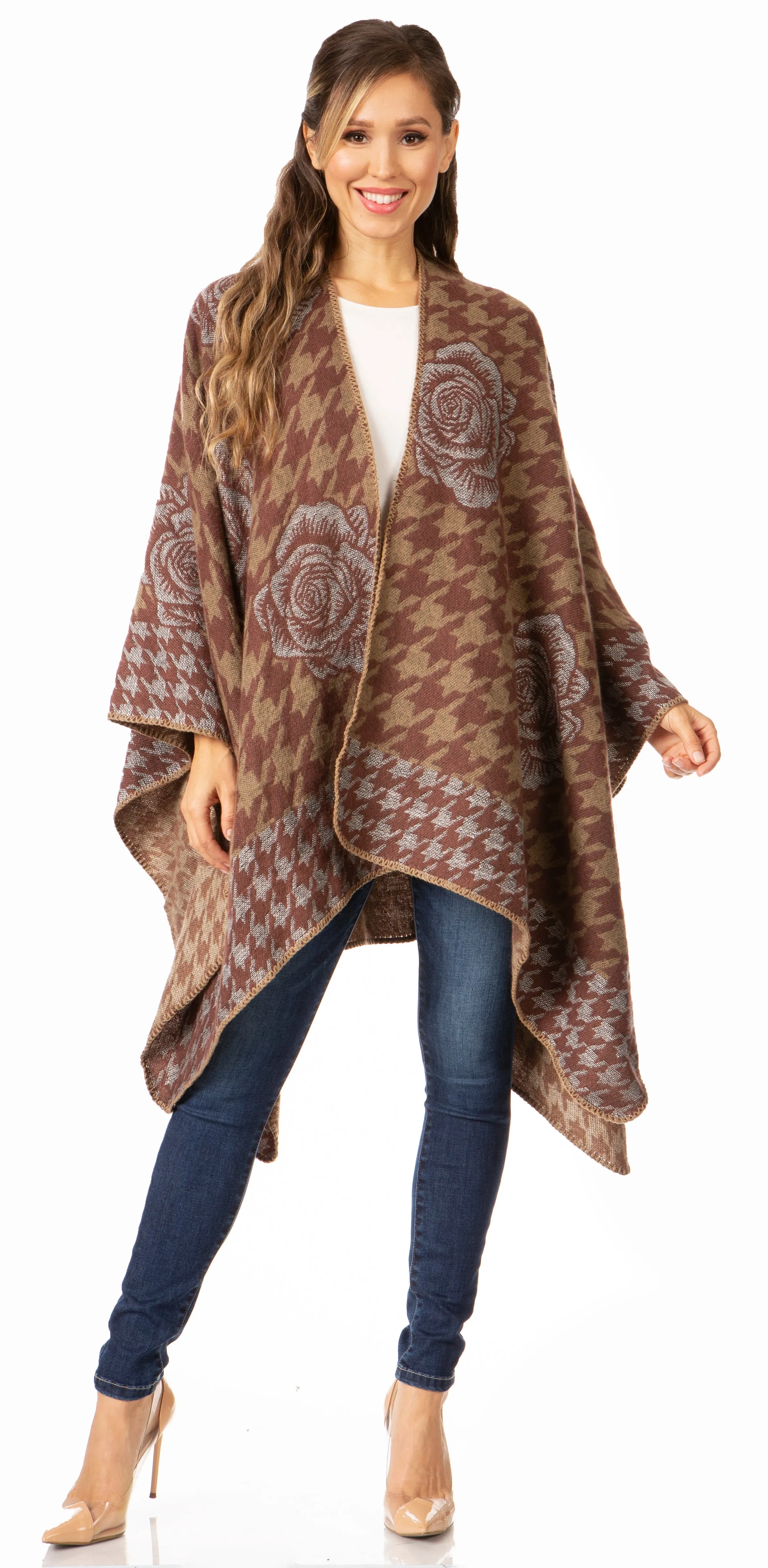 Sakkas Lupe Womens Reversible Poncho Wrap Cape Shawl Sweater Coat Cardigan Pattern