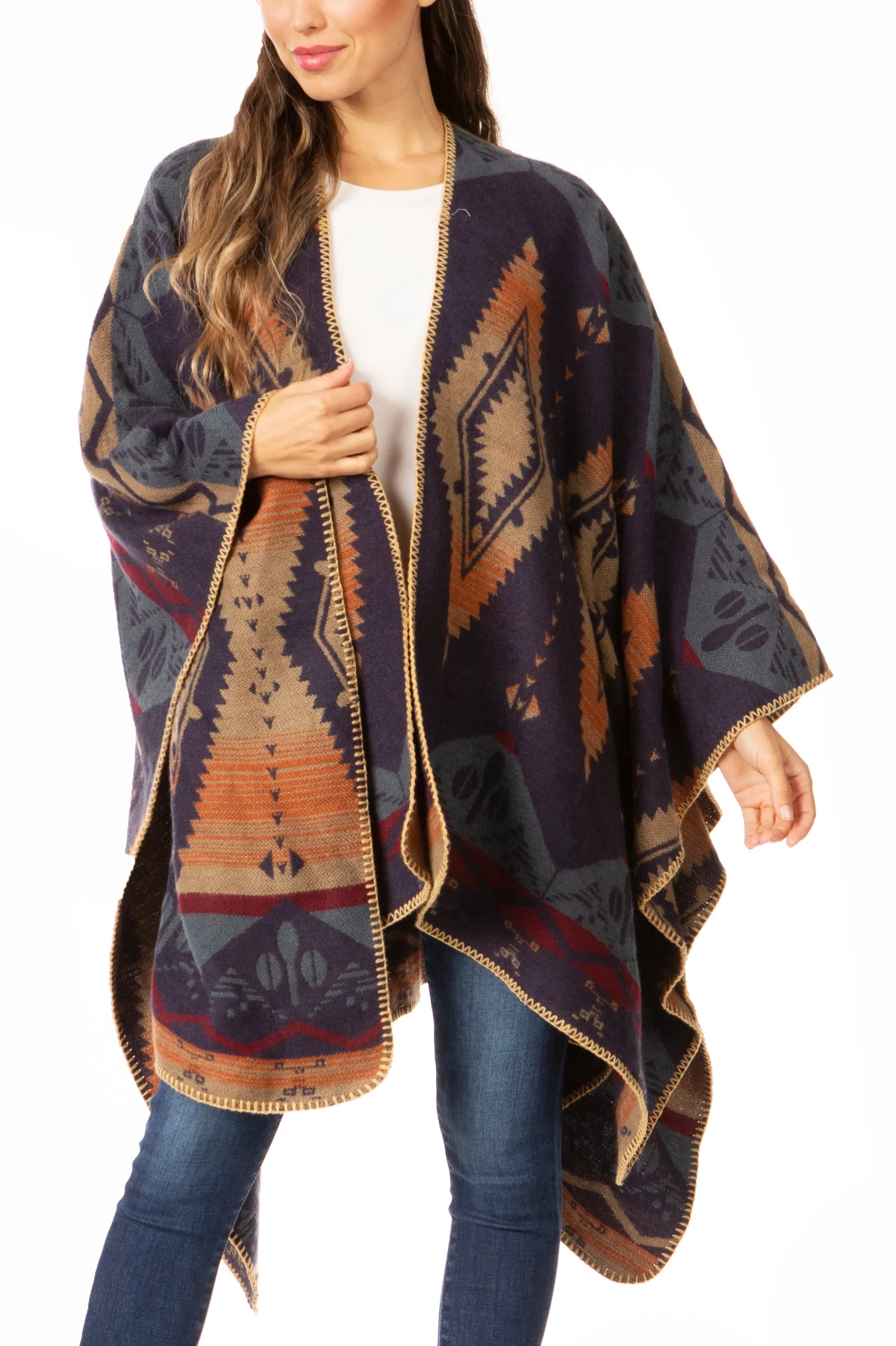 Sakkas Lupe Womens Reversible Poncho Wrap Cape Shawl Sweater Coat Cardigan Pattern