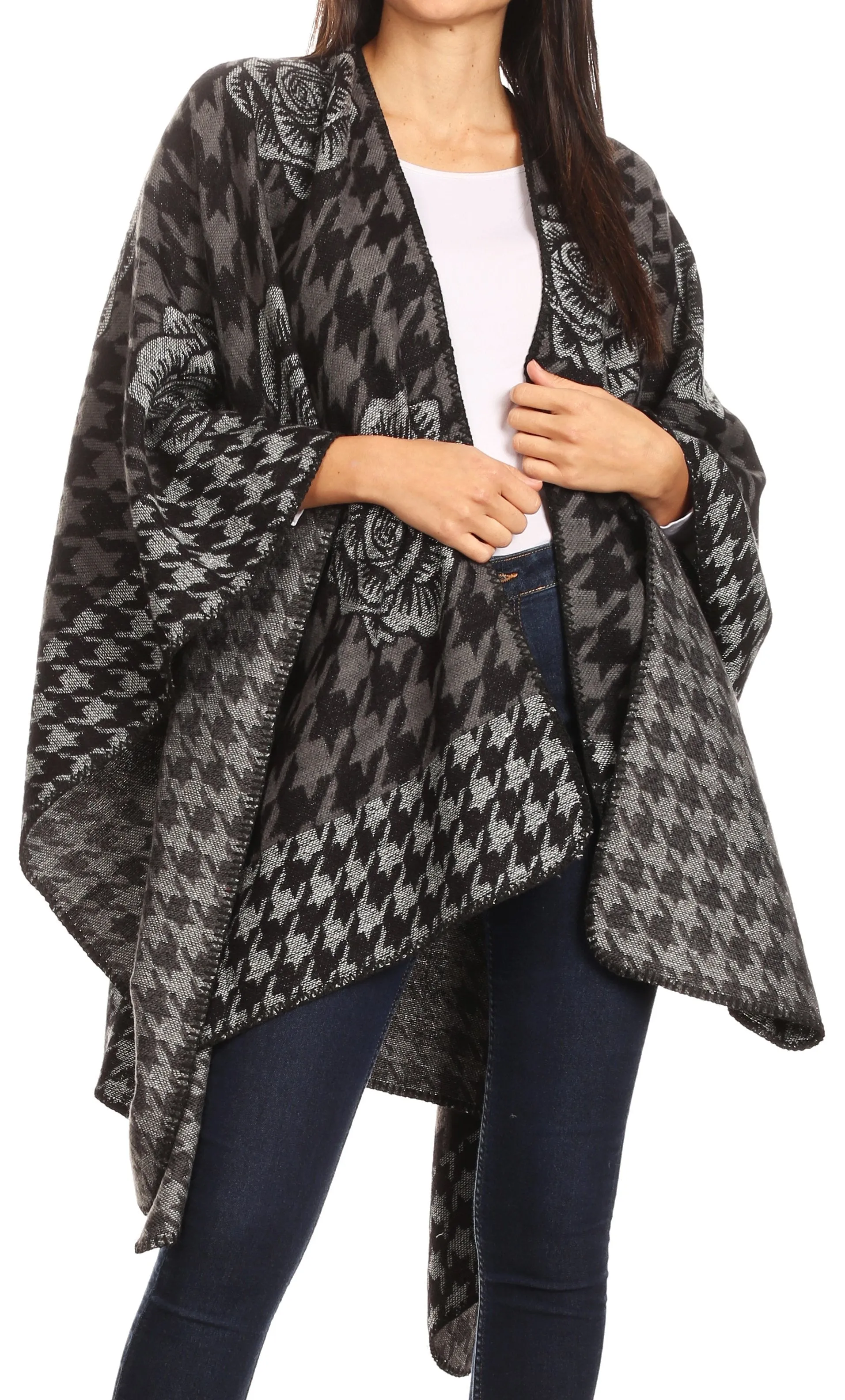 Sakkas Lupe Womens Reversible Poncho Wrap Cape Shawl Sweater Coat Cardigan Pattern