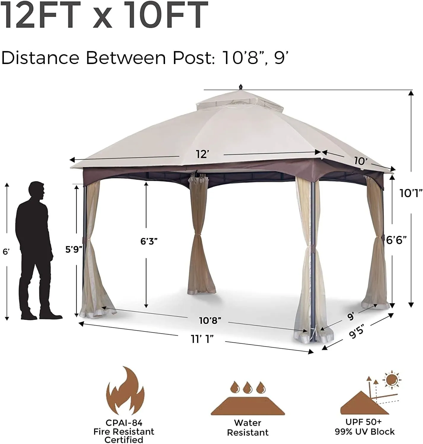 SANNWSG Heavy Duty Garden Gazebo,Pavilion Gazebo with Mosquito Netting, 10x10FT Patios Canopy Outdoor Waterproof,Backyard Gazebo with Galvanized Steel Frame