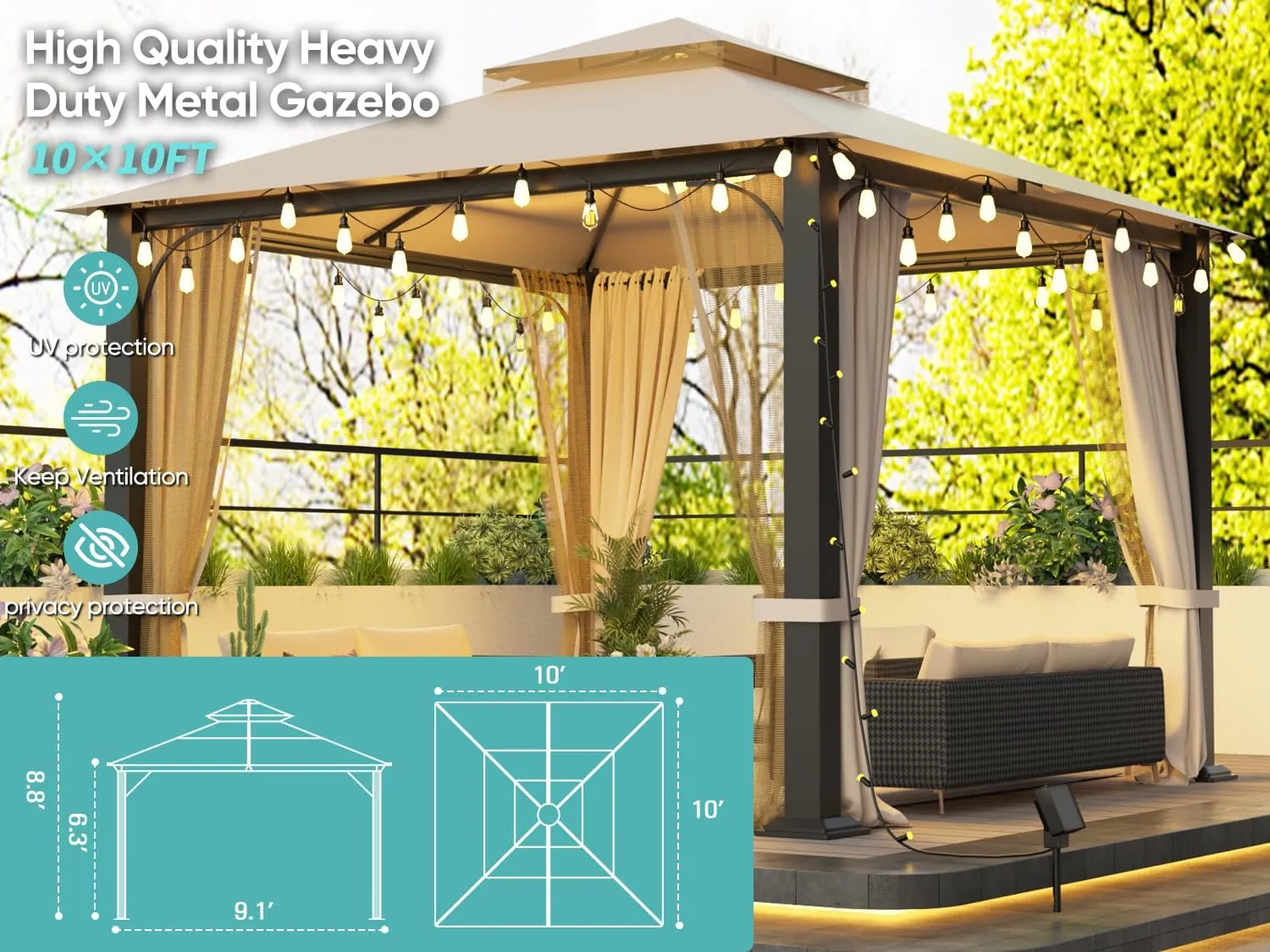 SANNWSG Heavy Duty Garden Gazebo,Pavilion Gazebo with Mosquito Netting, 10x10FT Patios Canopy Outdoor Waterproof,Backyard Gazebo with Galvanized Steel Frame