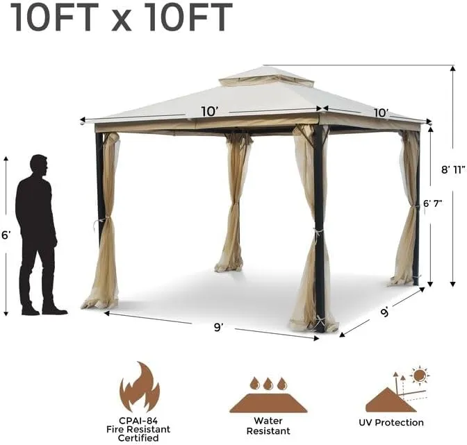 SANNWSG Heavy Duty Garden Gazebo,Pavilion Gazebo with Mosquito Netting, 10x10FT Patios Canopy Outdoor Waterproof,Backyard Gazebo with Galvanized Steel Frame