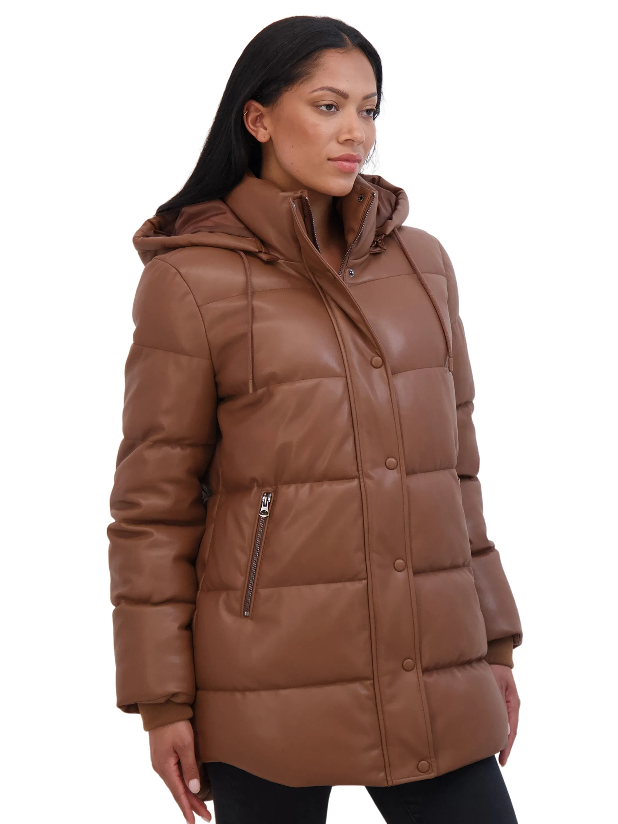 Sebby Collection Women's Faux Leather 3/4 Puffer Jacket With Hood