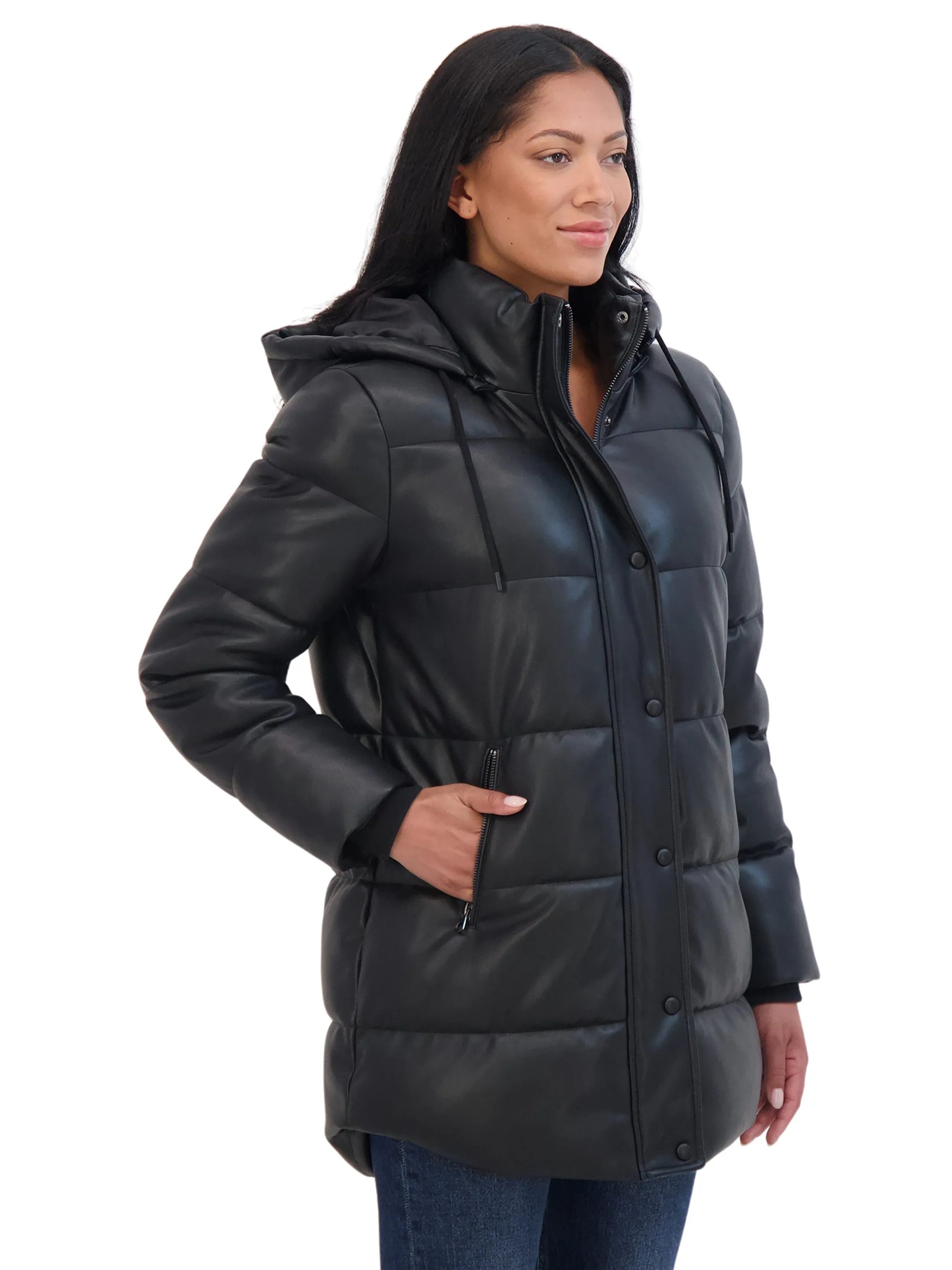 Sebby Collection Women's Faux Leather 3/4 Puffer Jacket With Hood