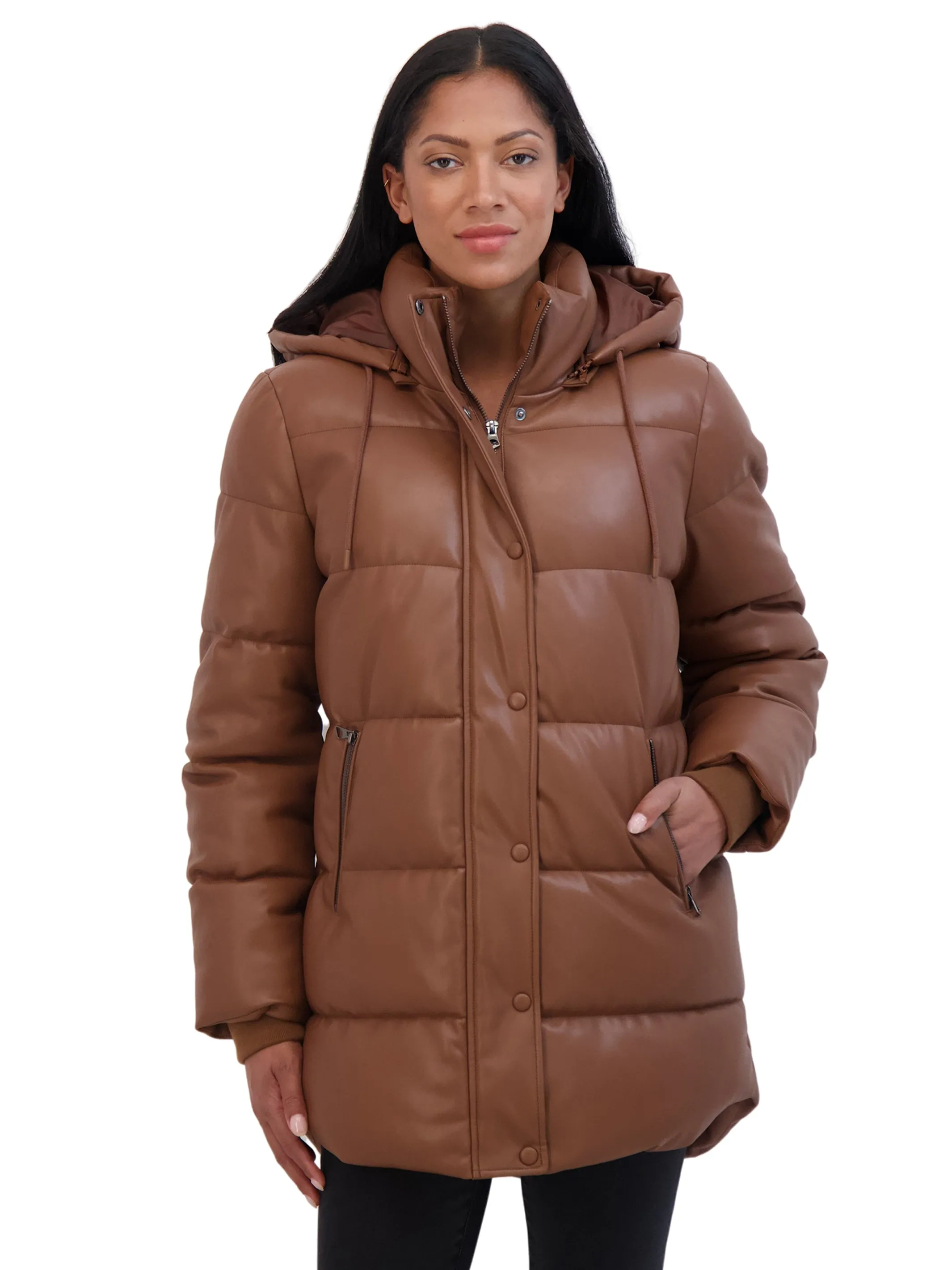 Sebby Collection Women's Faux Leather 3/4 Puffer Jacket With Hood