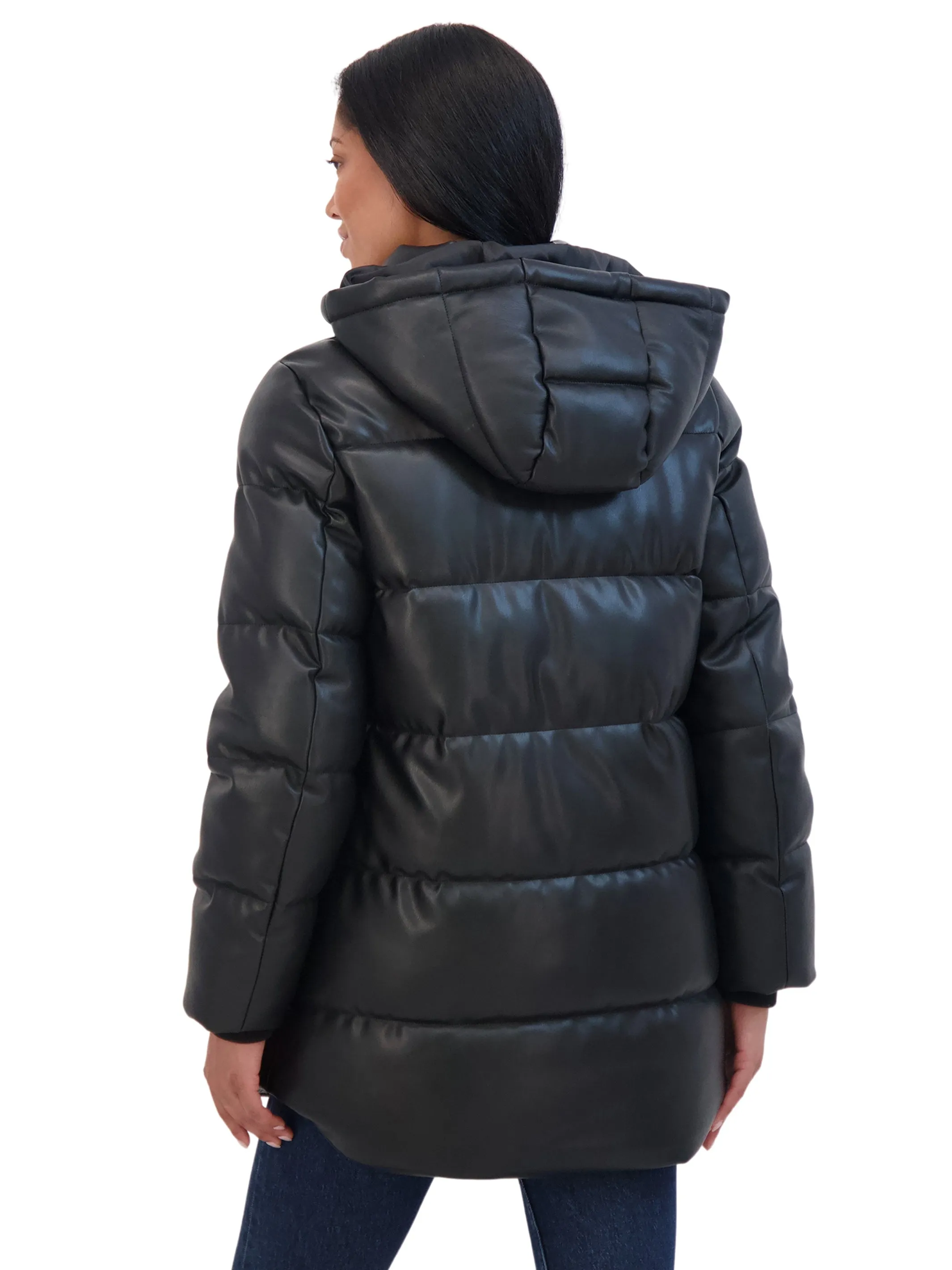 Sebby Collection Women's Faux Leather 3/4 Puffer Jacket With Hood