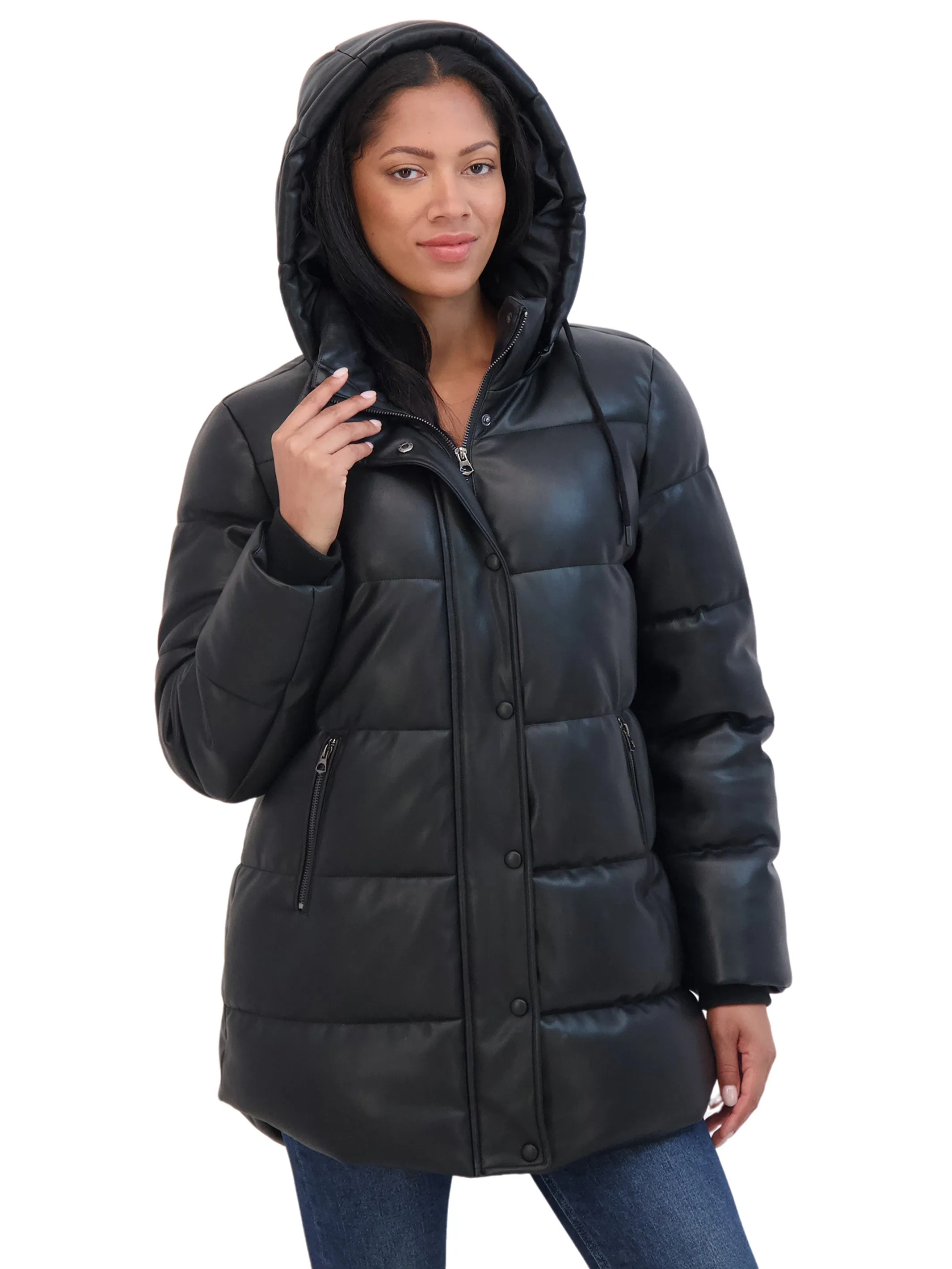 Sebby Collection Women's Faux Leather 3/4 Puffer Jacket With Hood