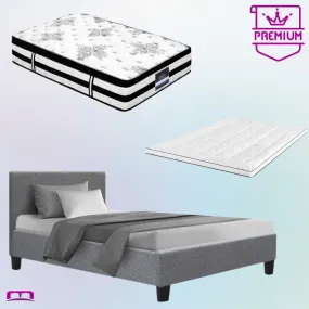 Single Premium Package | Coogee Bed Frame Grey, Algarve Euro Top Pocket Spring Mattress (Medium Firm) & Pillowtop Mattress Topper