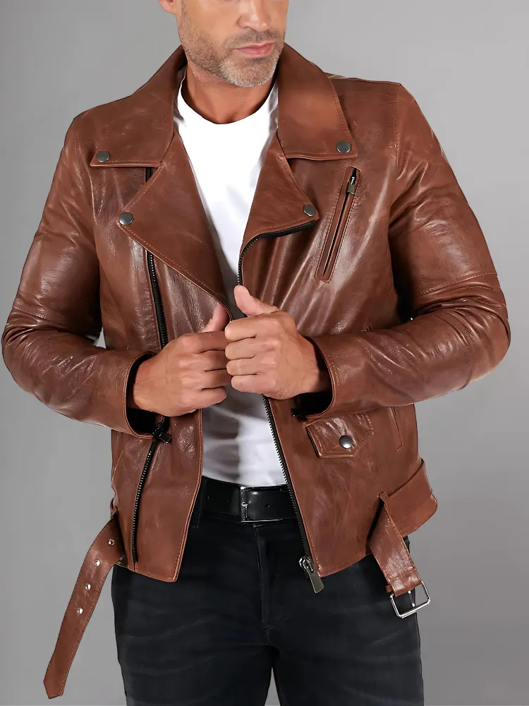 Slim Tan Brown Biker Leather Jacket