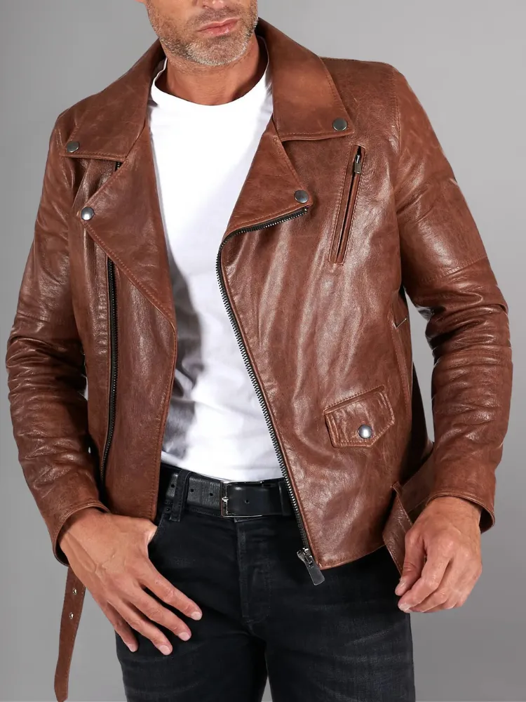 Slim Tan Brown Biker Leather Jacket