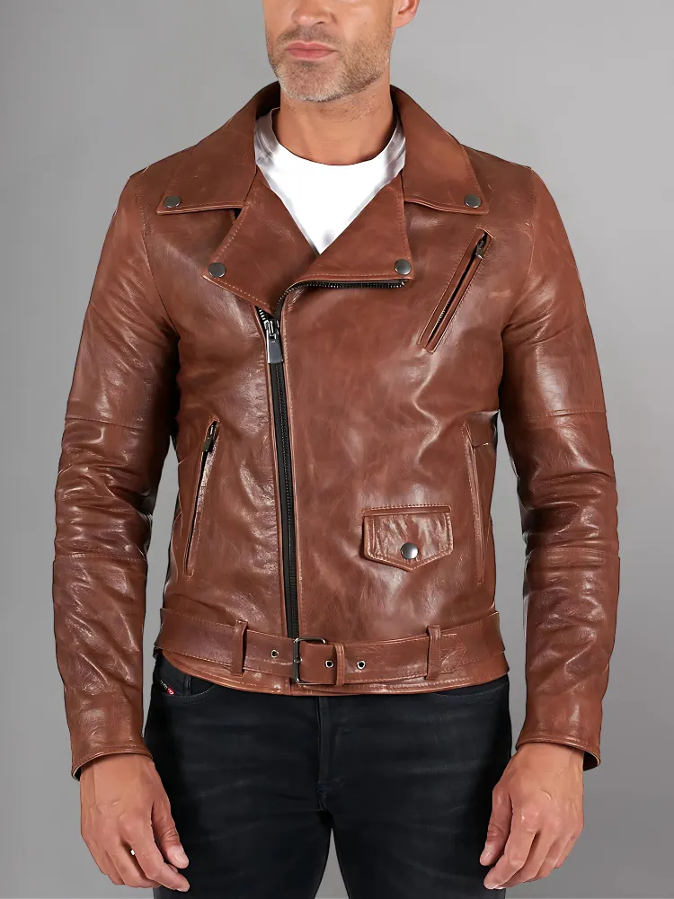 Slim Tan Brown Biker Leather Jacket