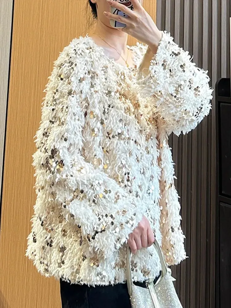 Solid Patchwork Sequins Elegant Knitting Sweaters For Women Round Neck Long Sleeve Pullover Sweater Female Fashion