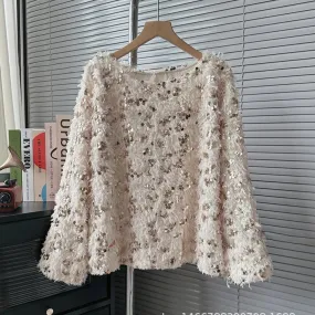 Solid Patchwork Sequins Elegant Knitting Sweaters For Women Round Neck Long Sleeve Pullover Sweater Female Fashion