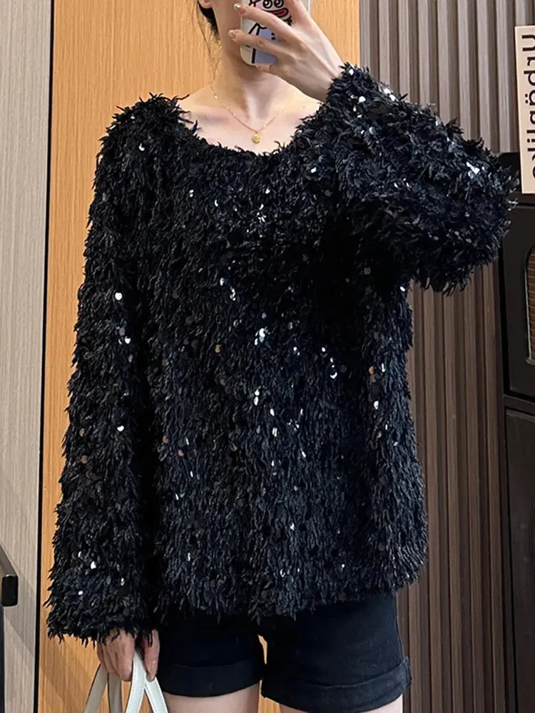 Solid Patchwork Sequins Elegant Knitting Sweaters For Women Round Neck Long Sleeve Pullover Sweater Female Fashion