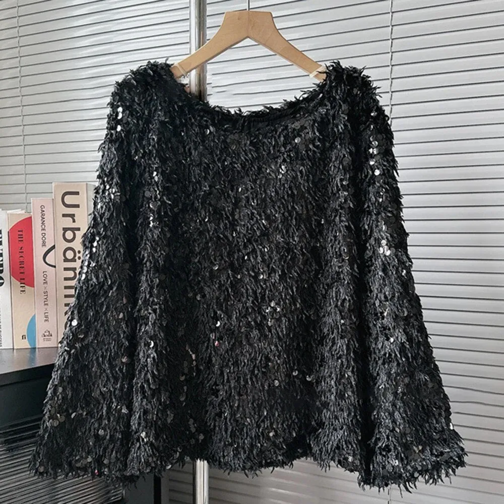 Solid Patchwork Sequins Elegant Knitting Sweaters For Women Round Neck Long Sleeve Pullover Sweater Female Fashion