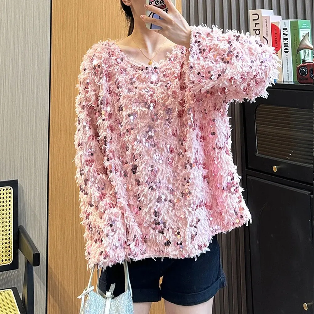 Solid Patchwork Sequins Elegant Knitting Sweaters For Women Round Neck Long Sleeve Pullover Sweater Female Fashion