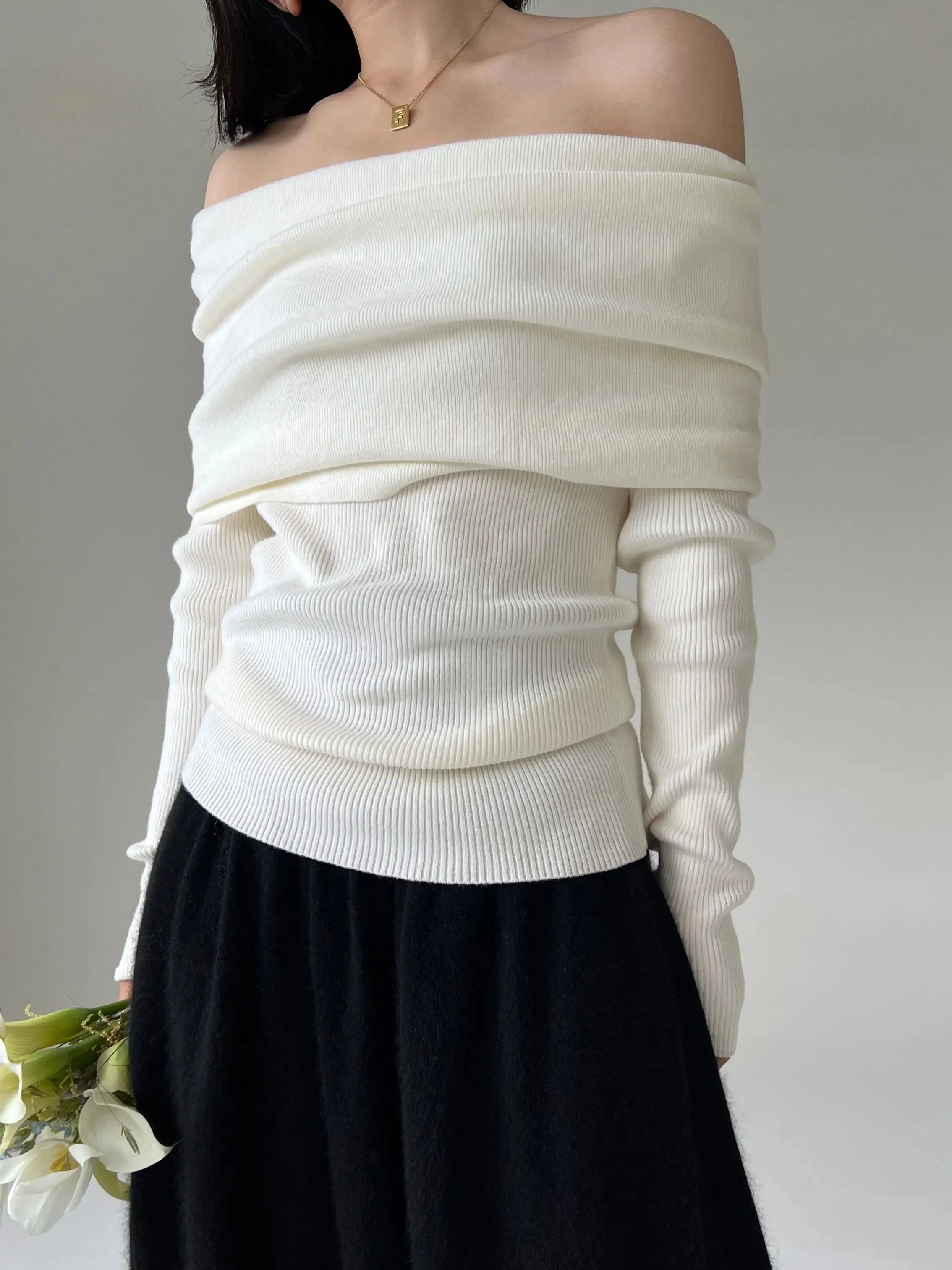 Spring Autumn Off Shoulder Women Sweaters Elegant Vintage Knitted Solid Jumper High Stretch Top  C-038