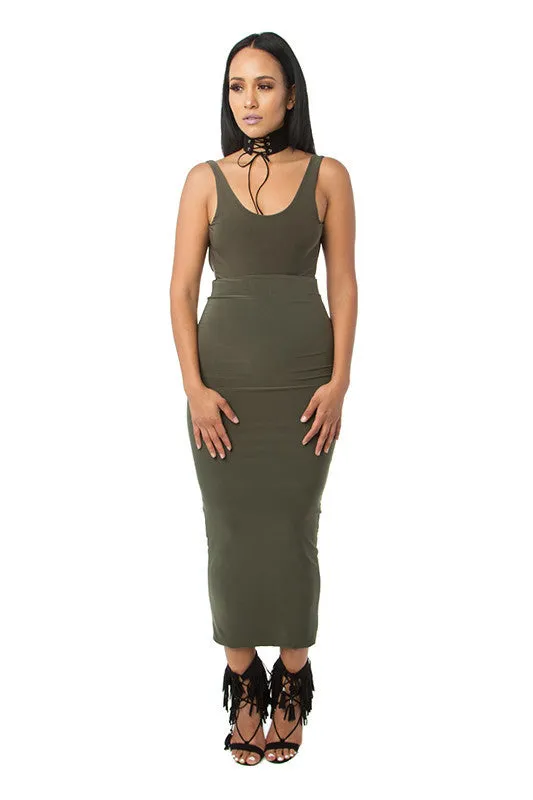 THE MYSTYLEMODE OLIVE ESSENTIAL VENEZIA DOUBLE LINED MAXI MIDI SKIRT