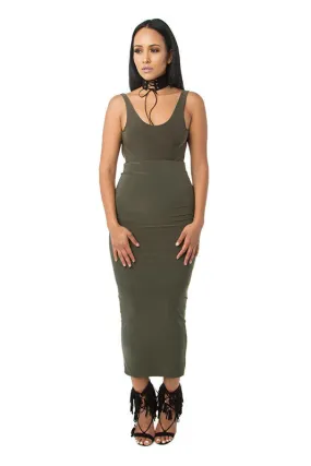 THE MYSTYLEMODE OLIVE ESSENTIAL VENEZIA DOUBLE LINED MAXI MIDI SKIRT