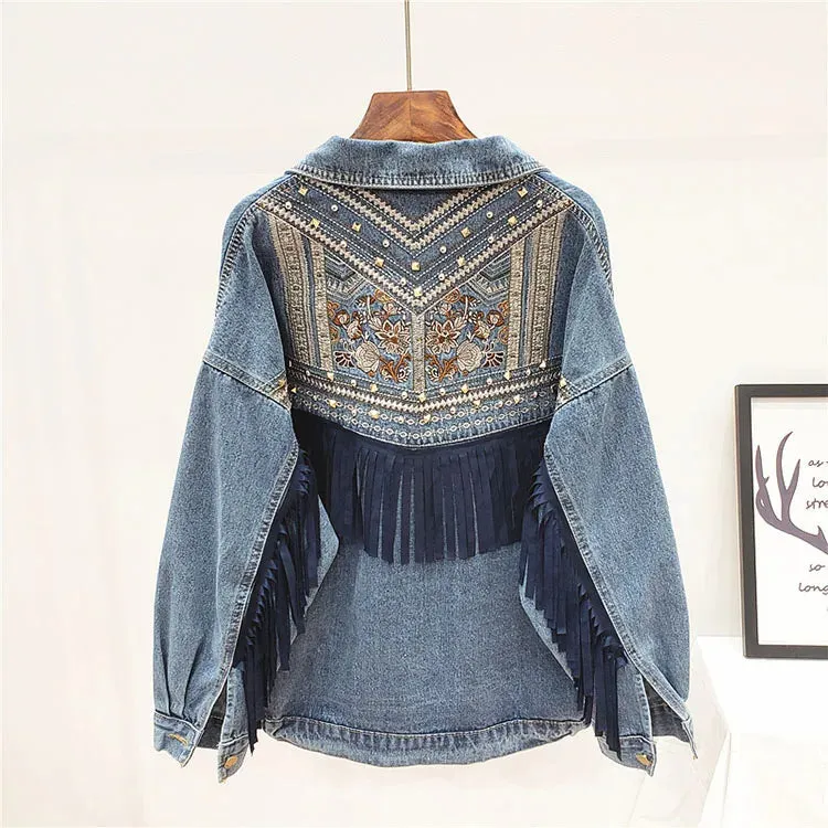 Uniwim Denim Jacket Korean Floral Embroidery Suede Fringe Loose Chaquetas Mujer Coat Long Sleeve Outerwear Women Veste Femme