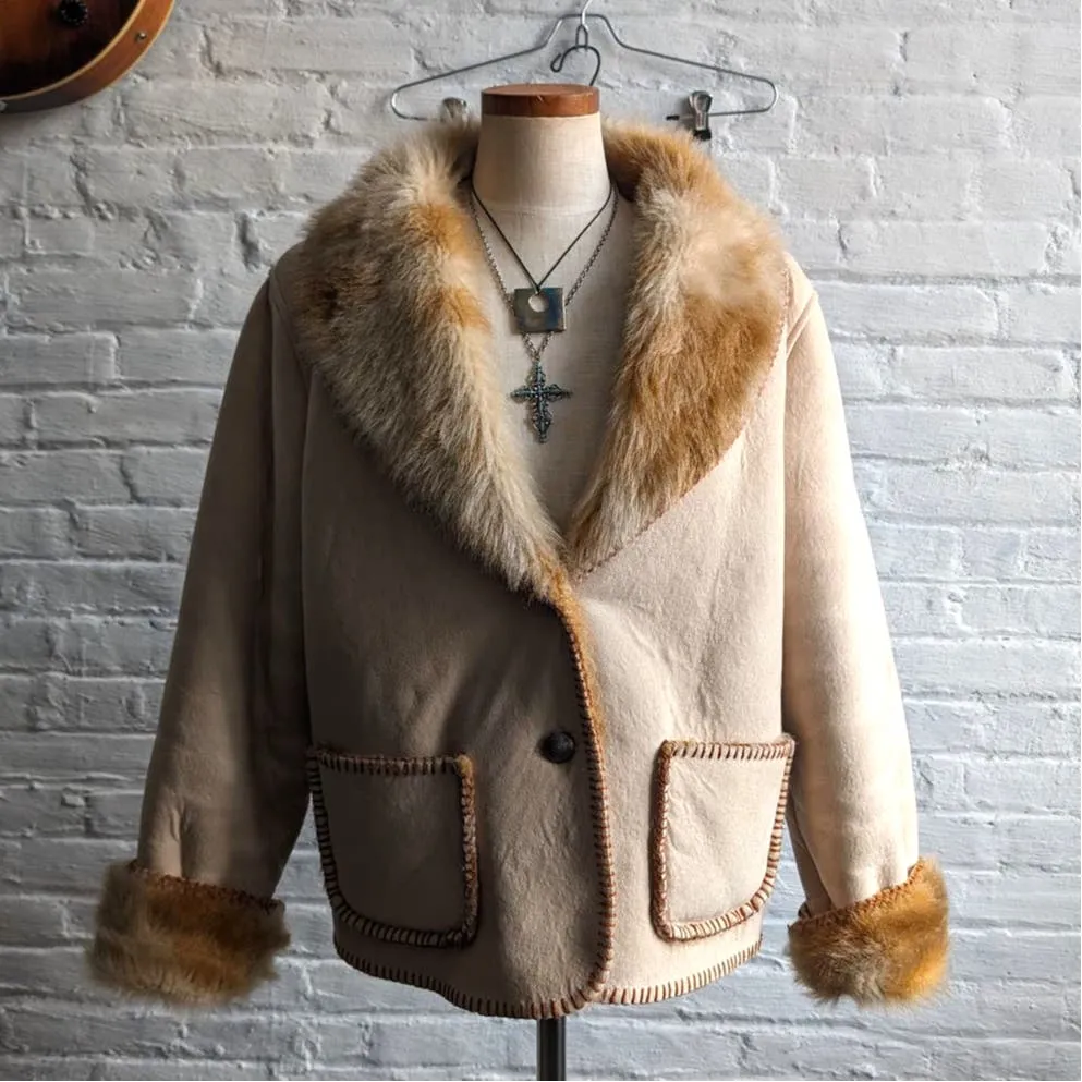 Vintage Vegan Penny Lane Shaggy Faux Fur Coat Southwest Furry Minimalist Jacket