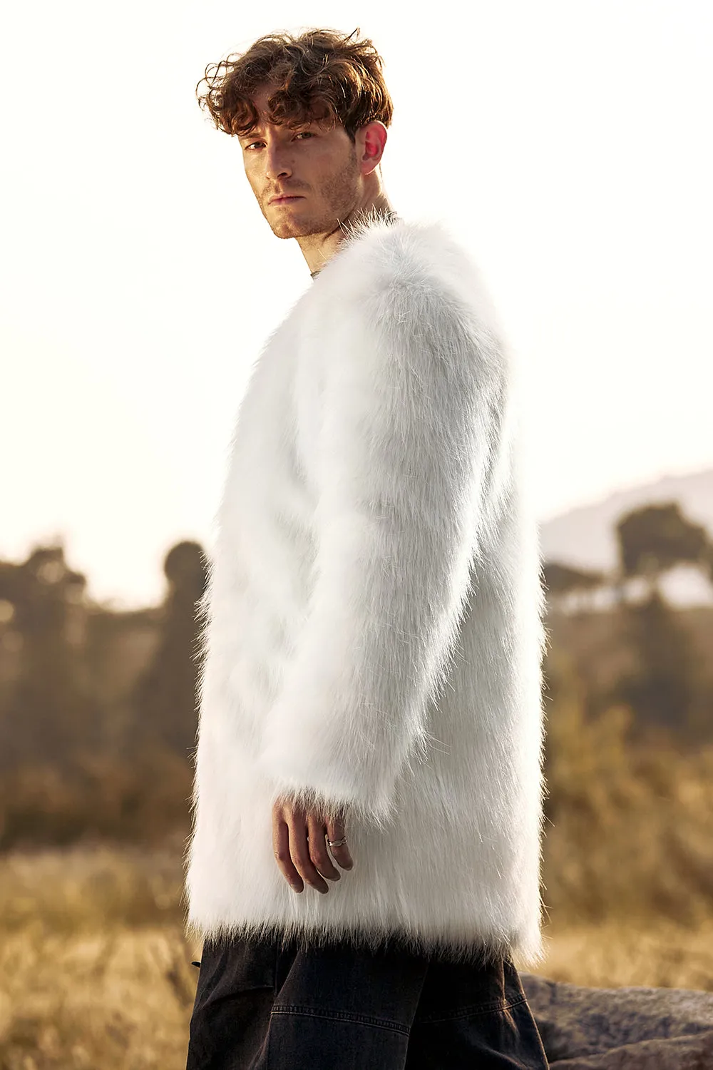 White Fluffy Faux Fur Long Sleeves Men's Cardigan Coat