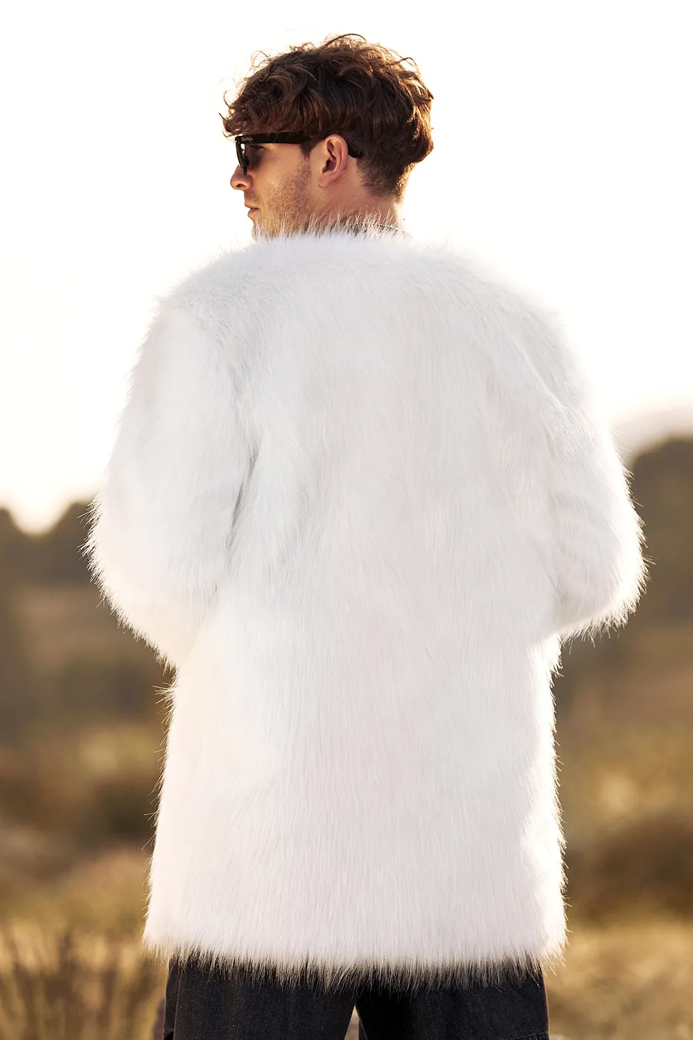 White Fluffy Faux Fur Long Sleeves Men's Cardigan Coat