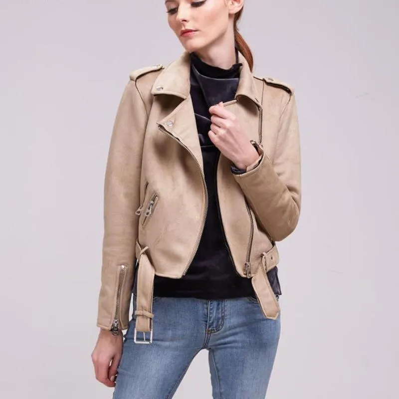 Women autumn winter  Motorcycle Suede coat jacket, black khaki gray (US 4-14)